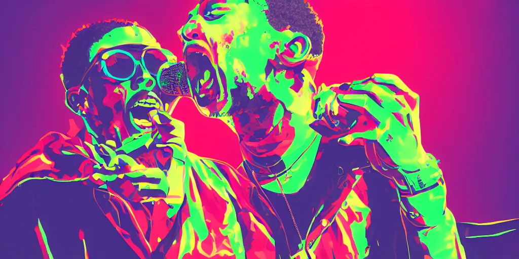 Image similar to rapper yelling into microphone, on stage at festival, digital art, vapor wave, hip hop, surreal, psychedelic, trending on Artstation, professional artist, detailed, 4k