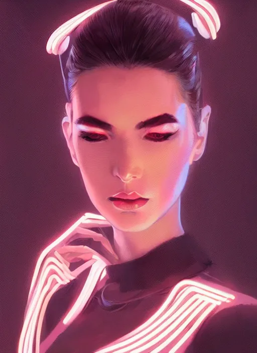 Image similar to portrait of female humanoid, intricate, retro 6 0 s cyberpunk high fashion, elegant, cyber neon lights, highly detailed, digital photography, trending in artstation, trending in pinterest, glamorous pose, concept art, smooth, sharp focus, art by artgerm and greg rutkowski