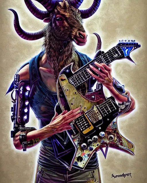 Image similar to a portrait of an anthropomorphic cyberpunk horned goat shredding an electric guitar by sandra chevrier, by jon foster, detailed render, epic composition, cybernetics, 4 k realistic, cryengine, realistic shaded lighting, sharp focus, masterpiece, by enki bilal