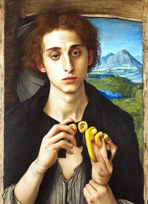 Prompt: (((( a painting of a Timothee Chalamet EATING an BANANA, a character portrait by Dürer, behance, pre-raphaelitism, da vinci,y pre-raphaelite, detailed painting“