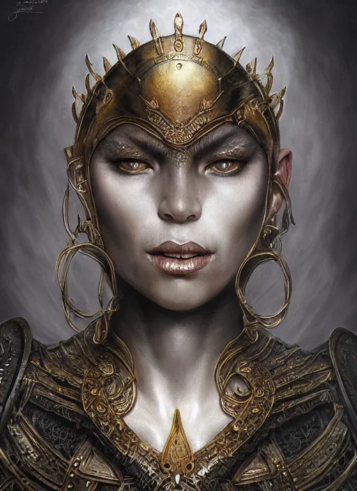 Image similar to full portrait of a warrior queen, black metal shiny skin. intricate, elegant, highly detailed, centered, digital painting, artstation, concept art, smooth, sharp focus, illustration, artgerm, tomasz alen kopera, peter mohrbacher, donato giancola, joseph christian leyendecker, wlop, frank frazetta