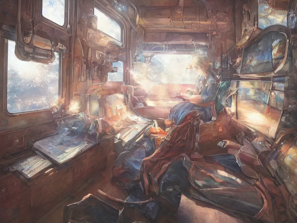 Image similar to detailed painting of a magical book laying open on the seat of a modern train car by Krenz Cushart, fantasy, dramatic light