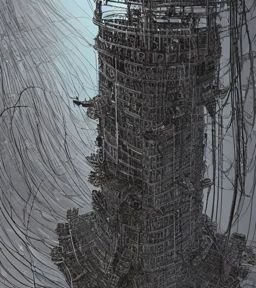 Image similar to tarkovsky scene, epic ancient tower of babylon below a woman in transparent cyber clothing, hyperrealistic, blame manga, full color, manga style, by tsutomu nihei, cyber architecture, intricate, concept art, hyper - detailed, smooth, masterpiece, epic, cinematic, high quality