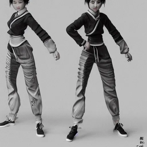 Image similar to rpg character concept art, most beautiful japanese dancers, streetwear designed by hamcus and isabel marant, in the style of jamie hewlett hiroya oku riyoko ikeda, 3 d render, artstation trending, 8 k, octane render, photorealistic, sharp detail, manga, black and white