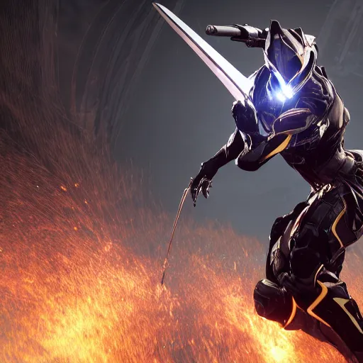 Prompt: photograph of mag!!!!!!!! warframe holding a katana!!!!!!!, 8k resolution, high detail, ULTRA REALISTIC VFX, reflections