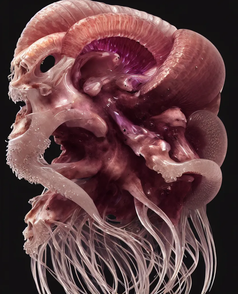 Image similar to goddess close-up portrait ram skull. jellyfish phoenix head, nautilus, orchid, ram skull, betta fish, bioluminiscent creatures, intricate artwork by Tooth Wu and wlop and beeple. octane render, trending on artstation, greg rutkowski very coherent symmetrical artwork. cinematic, hyper realism, high detail, octane render, 8k