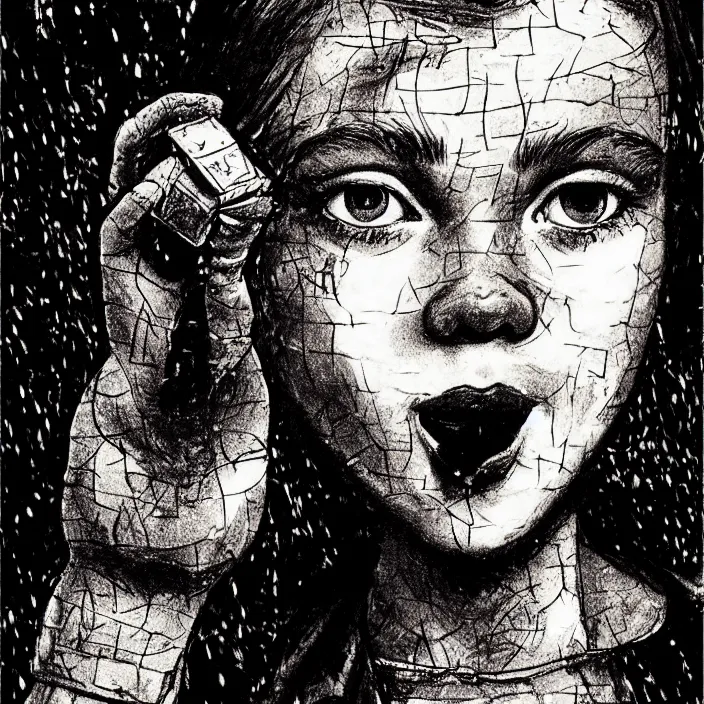 Image similar to extreme close - up on sadie sink as a miner : she lifts a chunk of bread with her hand. background : black!! tiles on walls. black and white, pencil and ink. by gabriel hardman, joe alves, chris bonura. cinematic atmosphere, detailed and intricate, perfect anatomy