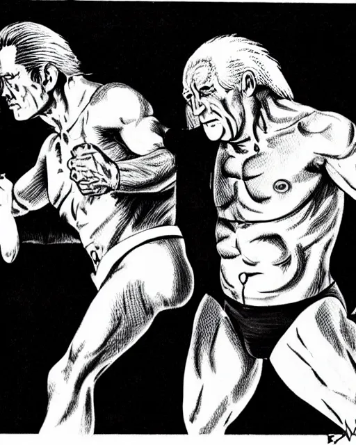 Image similar to incredible realistic antonio inoki vs ric flair, ( hyperreal detailed facial features and uv lighting, art by ed roth and basil wolverton )