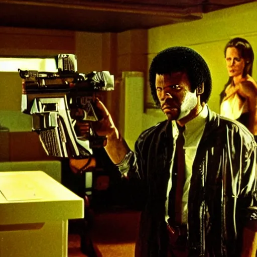 Image similar to pulp fiction frame in a sci - fi setting, movie still, photography, hyper detailed, dramatic ligthing, 8 k