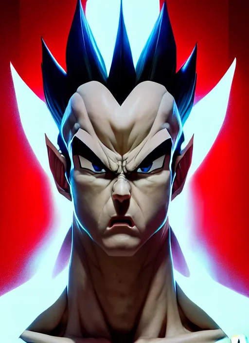 Prompt: by greg rutkowski, symmetry, concept art by artgerm, distance render portrait of a hyper realistic pixar vegeta, intense, epic, ssj, alphonse mucha, octane render, highly detailed, high quality, 8 k, soft lighting, path traced, and uang guangjian and gil elvgren, symmetry!!