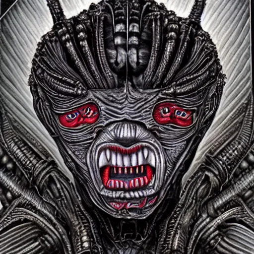 Image similar to alien trump, sharpt teeth, by h. r. giger, nightmare fuel, nightmarish, intricate, highly detailed, optical illusion
