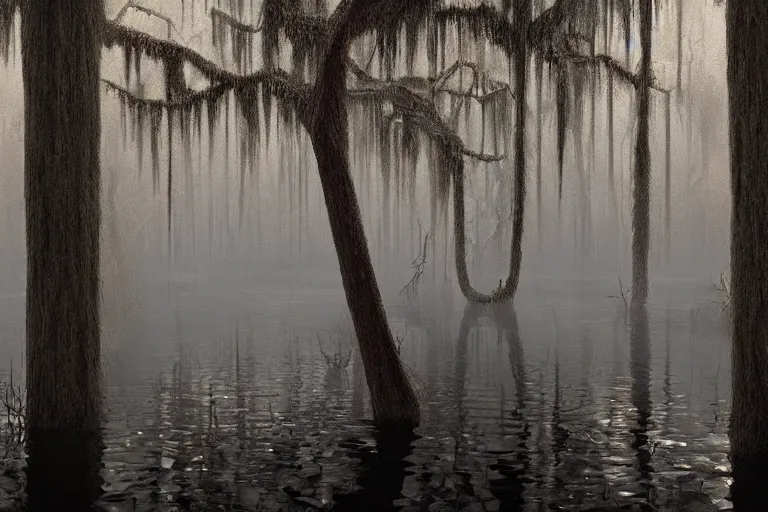 Image similar to scene from louisiana swamps,, neon cross, voodoo, 8 k, hyper detailed, artwork by tim eitel