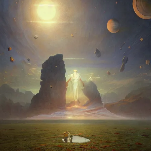 Prompt: David Friedrich, Esao Andrews, scifi landscape, hyperrealistic surrealism, award winning masterpiece with incredible details, epic stunning, infinity pool, a surreal vaporwave liminal space, highly detailed, trending on ArtStation, artgerm and greg rutkowski and alphonse mucha, daily deviation, IAMAG, broken giant marble head statue ruins, golden hour