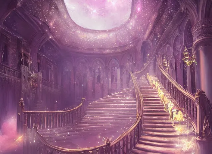 Image similar to a princess runing down a stair, magical, crystal, detailed, night, 3 d, octance render, by wlop, dark academia