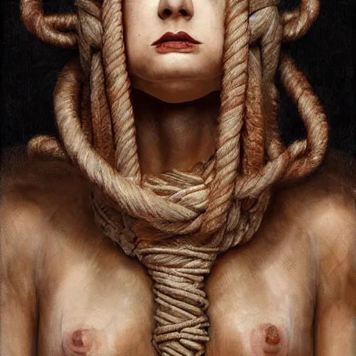 Image similar to portrait of a Shibari rope wrapped face and neck, headshot, insanely nice professional hair style, dramatic hair color, digital painting, of a old 15th century, young cyborg Rubber Nun, amber jewels, baroque, ornate clothing, scifi, realistic, hyperdetailed, chiaroscuro, concept art, art by Franz Hals and Jon Foster and Ayami Kojima and Amano and Karol Bak,