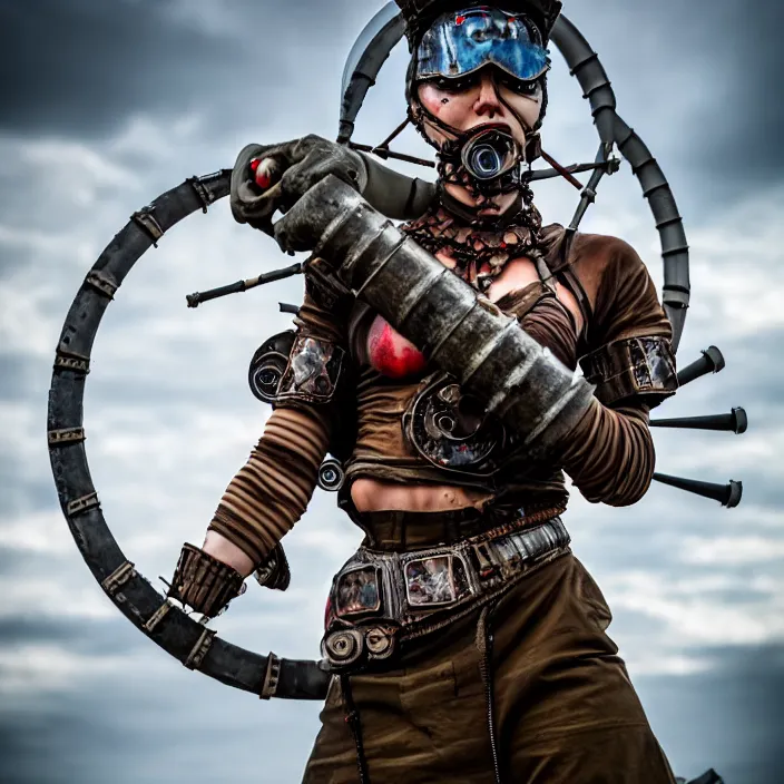 Image similar to full length photo of a real - life beautiful atompunk warrior, 8 k, hdr, smooth, sharp focus, high resolution, award - winning photo