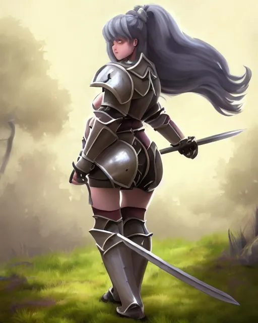 Image similar to concept art of a thicc knight girl, wearing heavy medival knight armor, holding a long sword, walking through a foggy oak forest | | epic - fine - clean, polished, trending on artstation, brush strokes