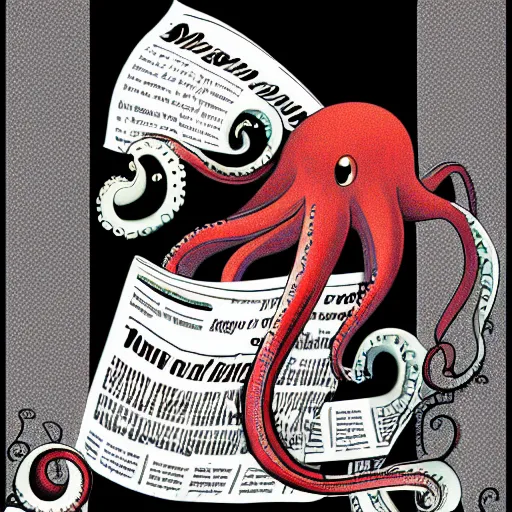 Image similar to octopus reading a newspaper!! highly detailed, digital painting, manga style