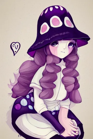 Prompt: a little girl wearing a mushroom hat in dress sitting | | purple curvy hair, pretty face, fine details, digial art by lois van baarle and sakimichan, anatomically correct, perfect composition, symmetrical, fantastic, clean details, anime character, extremely detailed