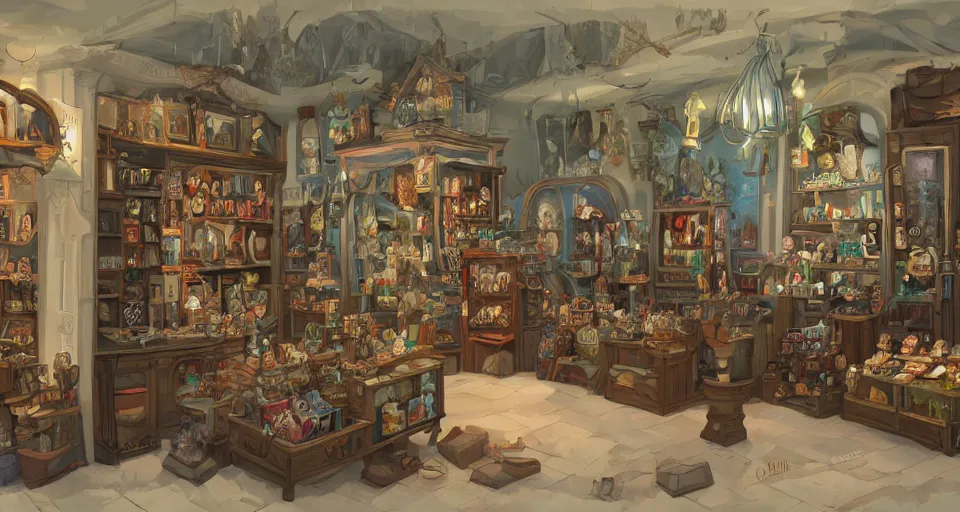 Image similar to A beautiful artwork illustration, a cursed gift shop, featured on artstation, wide angle, horizontal orientation