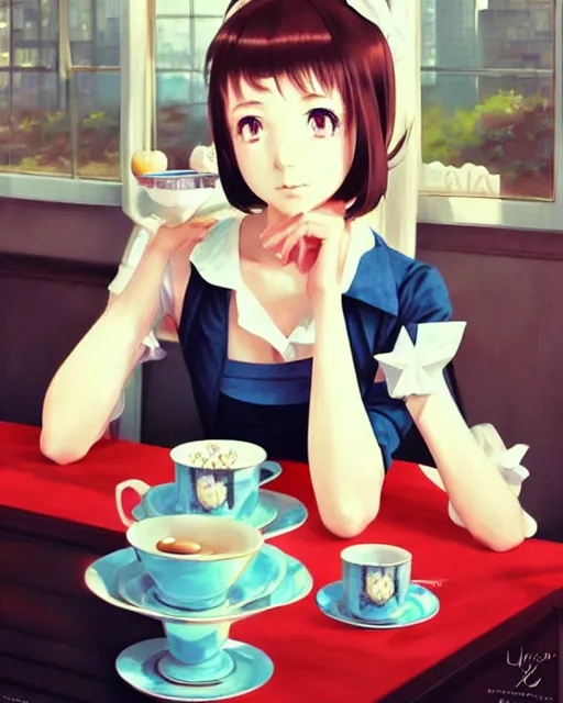 Image similar to cute girl wearing tank suit in a tea party. | very very anime!!!, fine - face, audrey plaza, realistic shaded perfect face, fine details. anime. realistic shaded lighting poster by ilya kuvshinov katsuhiro otomo ghost, magali villeneuve, artgerm, jeremy lipkin and michael garmash and rob rey