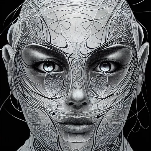 Prompt: holographic headset interface painted in alex grey style drawn by vania zouravliov, inspired by ooioo and sorayama and ikeuchi, intricate manga drawing, black and white, 3 d, high detail, sharp high detail, artstation, octane