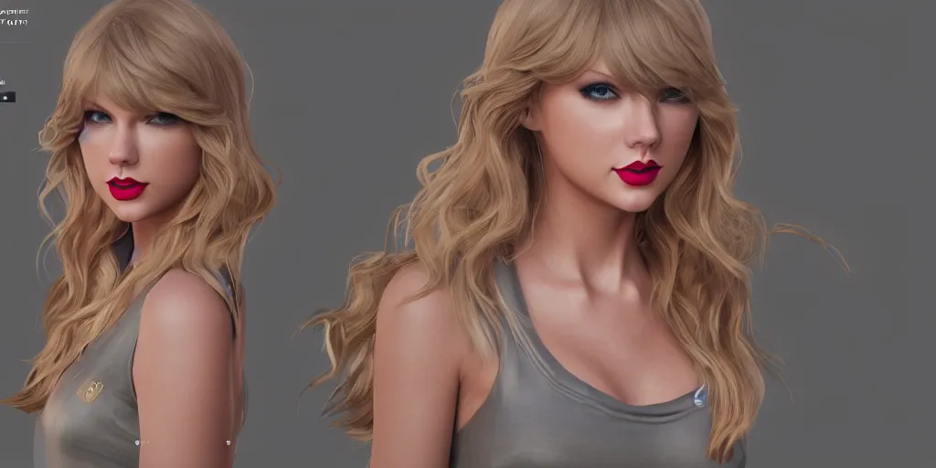 Image similar to character sheet of Taylor swift as a member of KDA, 3d render, octane render, 4K, volumetric, trending on art station