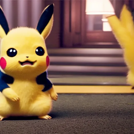 Prompt: a film still of baby pikachu in detective pikachu