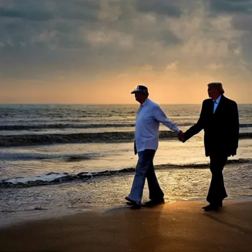Image similar to photograph of donald trump and vladimir putin holding hands on the beach, dusk, romantic