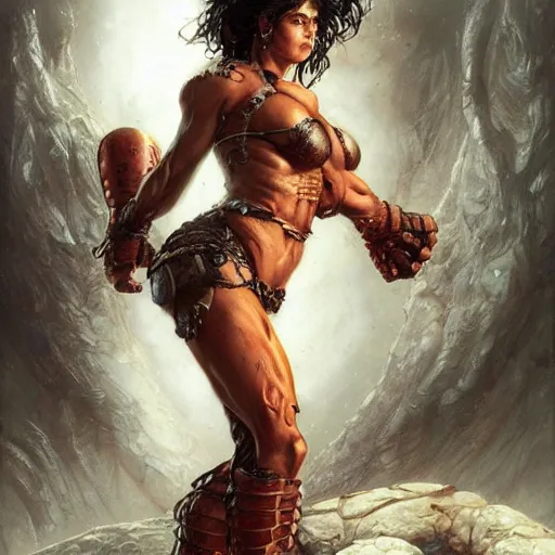 Image similar to muscular beautiful salma hayek wearing steel barbarian armor tombow artwork uta natsume , lucas graciano, greg staples ,jean-sebastien rossbach , christophe young , eytan zana , rumiko takahashi