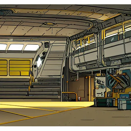 Prompt: photo, interior of a cargo bay, in the style of cowboy bebop, highly detailed and intricate