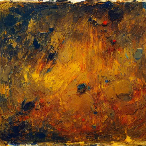 Prompt: oil paint impasto, deep under water, looking up, air bubbles, multi layered thick brush marks, some splattered paint, in the style frank auerbach and redon