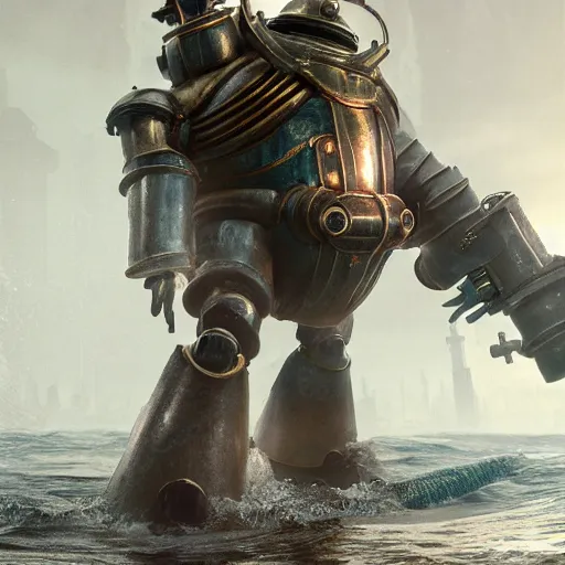 Image similar to a man wearing heavy nautical armor, Bioshock inspired, Realistic octane render, high detail
