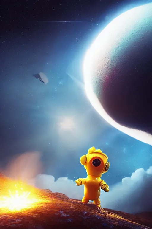 Image similar to a lonely chicken wearing a space suit without helmet in a alien planet, profile picture, digital art, concept art, trending on DeviantArt, highly detailed, high quality, 4K, cartoon, high coherence, path traced, blue sky in the background, octane render, digital painting, no helmet, masterpiece, anatomically correct