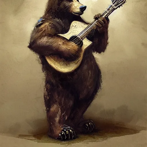 Image similar to realistic bear playing fantastic primitive forms guitar, fantasy character portrait by Greg Rutkowski, Craig Mullins, Gaston Bussiere