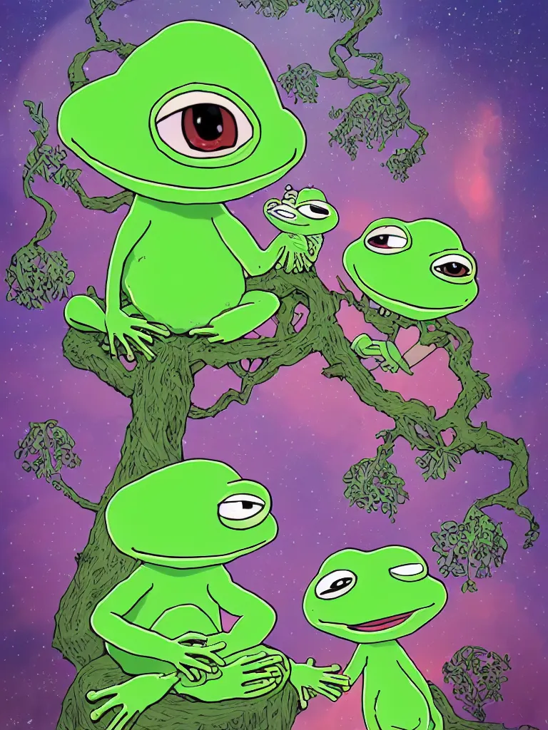 Prompt: resolution 4k wonder to the end of time pepe the frog love and family worlds of heaven rings of the world made in abyss character design Tony DiTerlizzi dream like storybooks rhymes pepe the frog sitting with this family happy together wholesome soft beneath a bioluminescent Britch tree within a sullen swamp , warm the value of love ,clear prismatic pink sky, dreaming , decedent, unnerving , disheartening , love, warm ,Luminism, prismatic , fractals , pepe the frog , art in the style of Tony DiTerlizzi , Francisco de Goya and Akihito Tsukushi and Gustave dore and Arnold Lobel