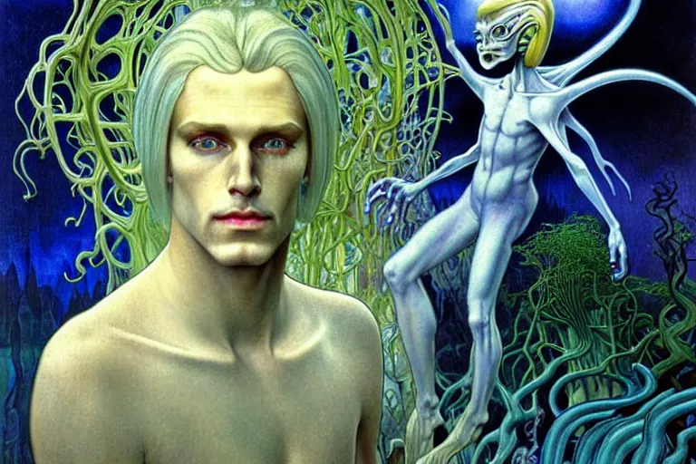 Image similar to realistic detailed portrait painting of a beautiful ghost man with blond hair with an alien, futuristic sci-fi forest on background by Jean Delville, Amano, Yves Tanguy, Alphonse Mucha, Ernst Haeckel, Edward Robert Hughes, Roger Dean, rich moody colours, blue eyes