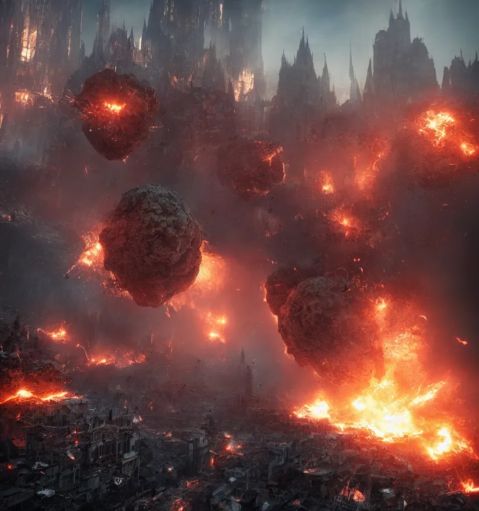 Prompt: a asteroid crashing in a gothic medieval cyberpunk city, giant explosion, fire, trail of smoke, high quality, detailed, 8k, unreal engine, octane render, trending on artstation