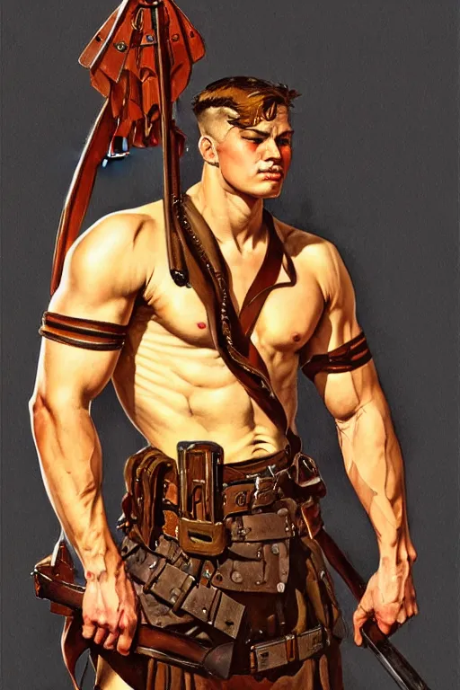 Prompt: warrior, attractive male, character design, painting by j. c. leyendecker, katsuya terada, frank frazetta, tom of finland, trending on artstation