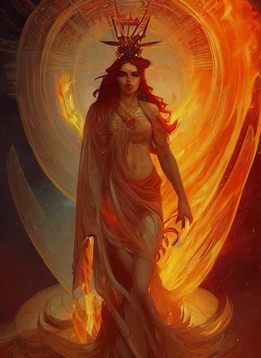 Image similar to “ goddess of fire, highly detailed, digital painting, flames, artstation, concept art, smooth, sharp focus, illustration, art by artgerm and greg rutkowski and alphonse mucha ”