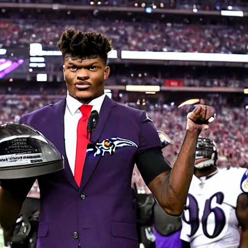 Prompt: portrait. lamar jackson baltimore ravens. holding lombardi trophy. sports photo. award winning photograph. lamar jackson's detailed face