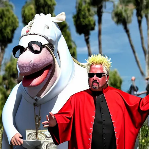 Prompt: guy fieri dressed as the pope, standing on a horse, the horse is staring at him, the crowd is filled with muppets, award winning photo,