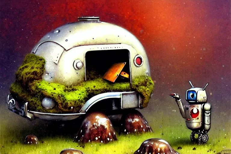 Image similar to adventurer ( ( ( ( ( 1 9 5 0 s retro future robot android mouse wagon. muted colors. background of mushrooms and moss ) ) ) ) ) by jean baptiste monge!!!!!!!!!!!!!!!!!!!!!!!!! chrome red