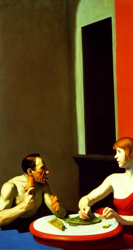 Prompt: julius caesar eating a ceasar salad painted by edward hopper