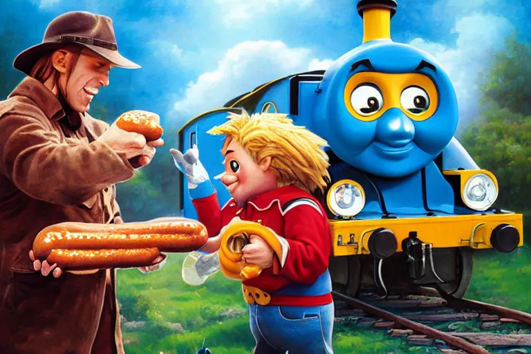 Image similar to portrait of wwf shawn michaels and thomas the tank engine sharing hotdogs, an oil painting by ross tran and thomas kincade