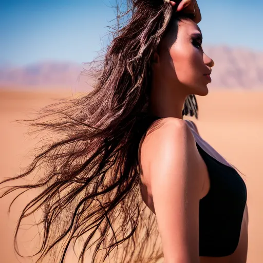 Prompt: beautiful model, fashion photoshoot in desert, zeiss 1 5 0 mm f 2. 8 hasselblad