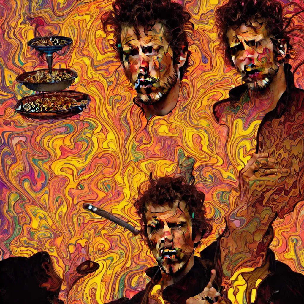 Image similar to bright psychedelic portrait of tom waits baking pizza, diffuse lighting, fantasy, intricate, elegant, highly detailed, lifelike, photorealistic, digital painting, artstation, illustration, concept art, smooth, sharp focus, art by John Collier and Albert Aublet and Krenz Cushart and Artem Demura and Alphonse Mucha