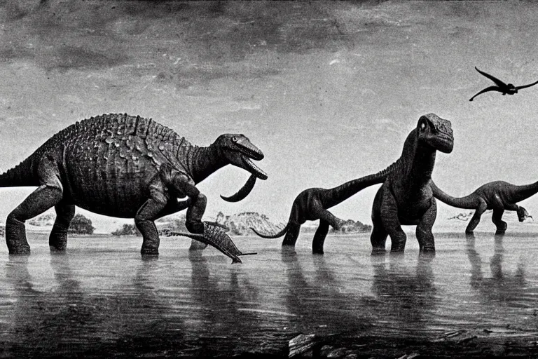 Prompt: The first picture ever taken on earth, at the time of dinosaurs, 65 million years ago. There are diplodocus and a stegosaurs. The edges of the picture were partially burned in a fire, long time ago. And a flood has left stain marks on the picture