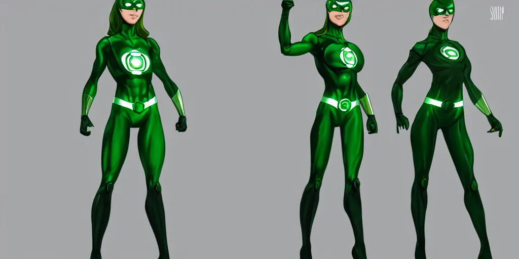 Image similar to full body exaggerated outfit, female green lantern character clean concepts by senior concept artist in the anime film, suit, powers, glowing, stronge, smooth, high detail, featured on artstation