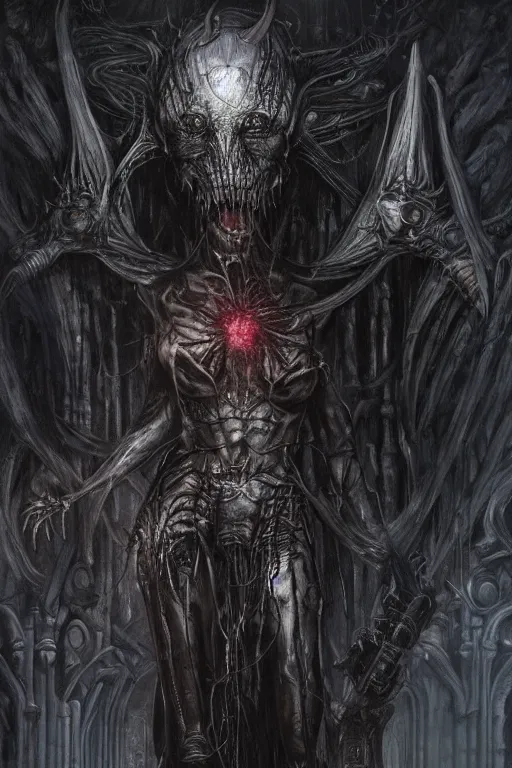 Prompt: portrait of claudia black by hr giger, greg rutkowski and wayne barlowe as a diablo, resident evil, dark souls, bloodborne monster